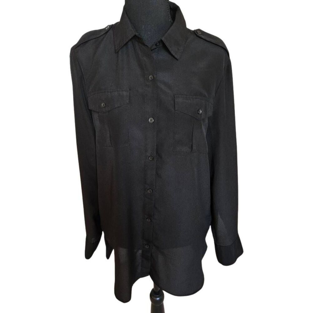 DKNY Womens Black Double Chest Pockets Long Sleeve Blouse Small